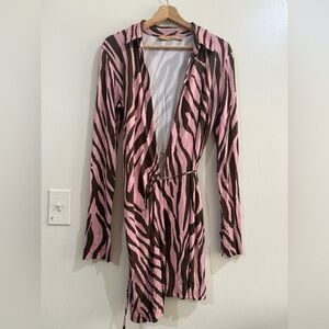 The andamane Pink & Brown Zebra-Print Long Sleeve Wrap Dress